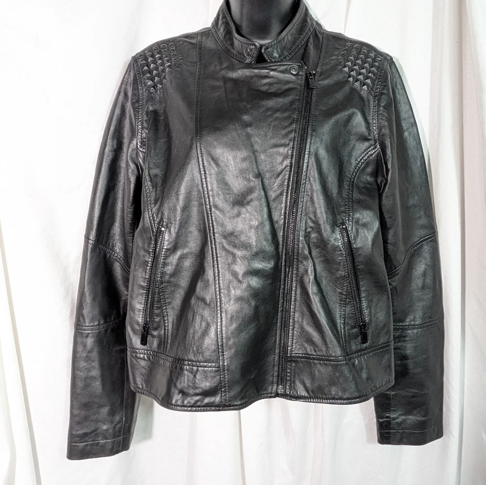 Slate and‎ Willow Women's Black Leather Jacket Textured Moto Chic Sz L
